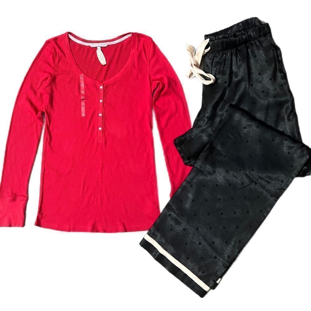 Victorias Secret Silky Satin thick pants & soft Ribbed top pajama set black-red